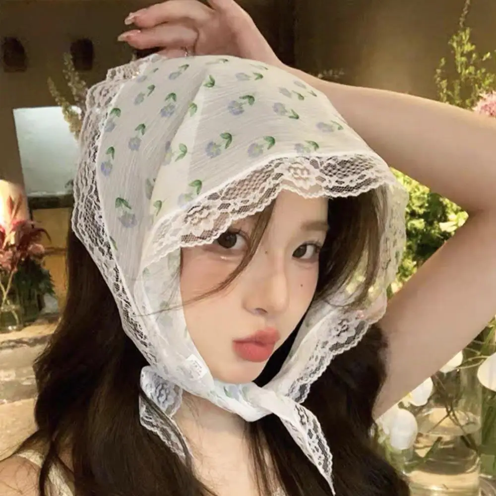 Sweet Floral Lace Hair Scarf Wraps Women Triangle Headscarf Thin Breathable Ribbon Retro Hair Accessories Headwear Turban Scarf