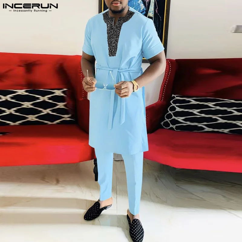 

INCERUN Men Sets Patchwork Muslim Clothing V Neck Short Sleeve Lace Up Shirt Kaftan & Pants 2PCS 2023 Islamic Arab Men's Suits