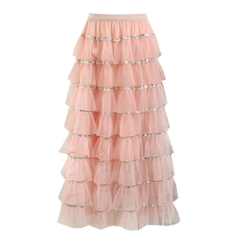 Heavy Embroidery Sequins Stitching Mesh Skirt Women's 2024 New Sweet High Waist Slimming Long Gauze Skirt Streetwear
