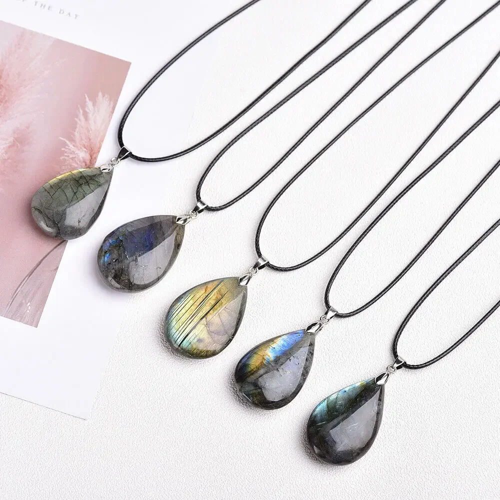 Mineraali Flash Natural Labradorites Water Drop Pendenti Corda Nera Collane Da Uomo Gemstone Energy Blue Quartz Moonstone Jewelry