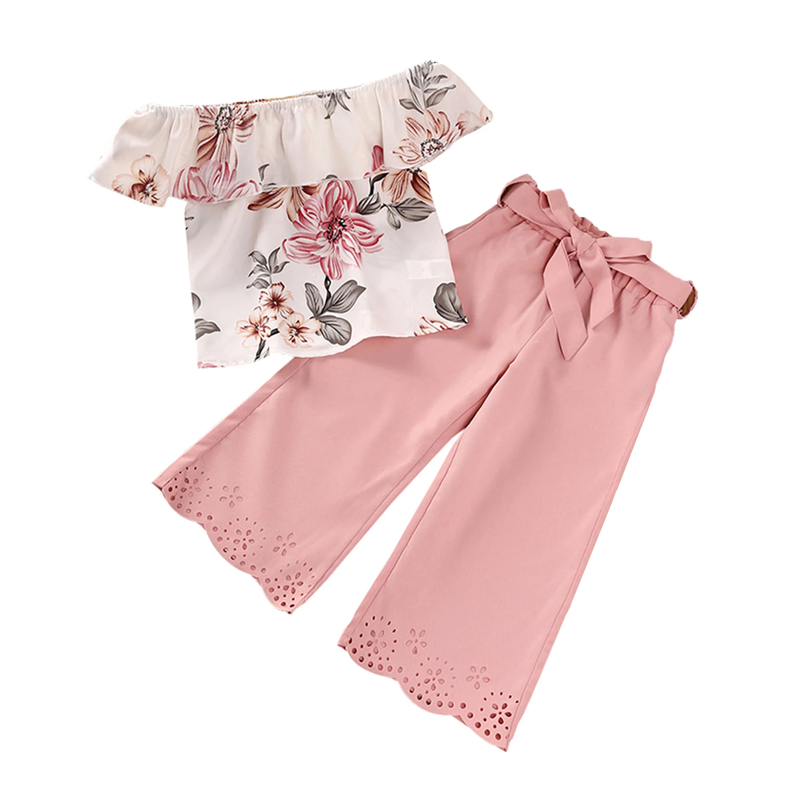 

Girls 2Pcs Summer Outfits Off Shoulder Floral Print Tops + Wide Leg Pants Set Kid Clothes