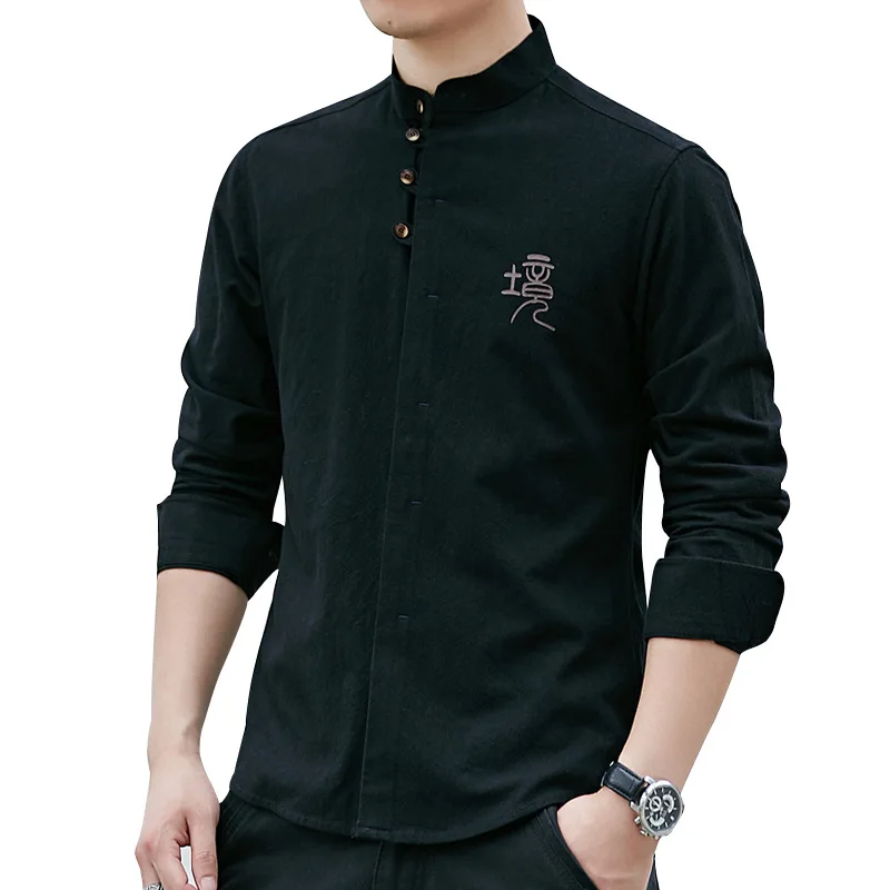 Big Size Long Sleeve Traditional Chinese Men Retro Casual Solid Color Kung Fu Tunic Tang Suit Stand Collar Clothes