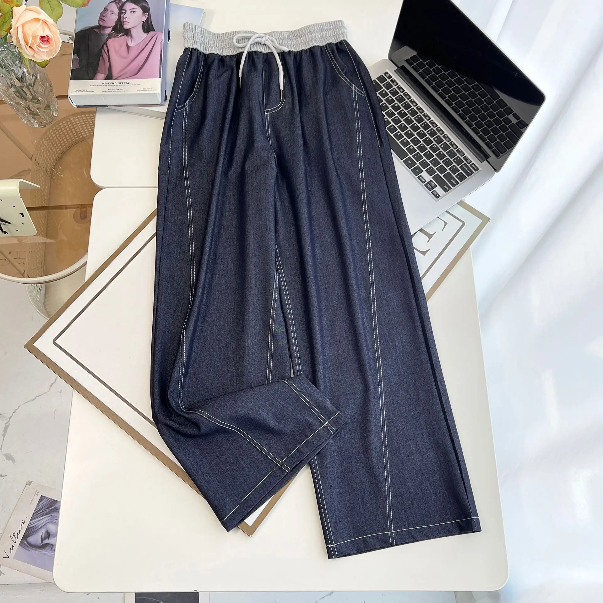 Spring Summer Wide Leg Jeans New 100kg  Temperament Color Waist Thin Lyocell Plus Size Women Bright Line Straight Trousers 2517