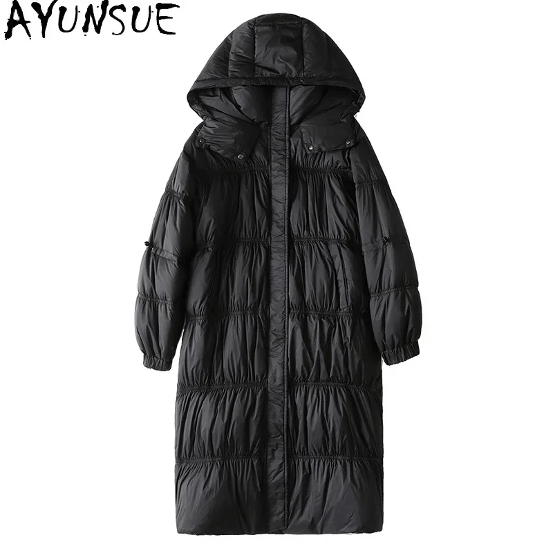 

90% AYUNSUE Grey Duck Down Coats for Women 2024 Autumn Winter Fashion Solid Color Black Long Puffer Jacket Hooded Parkas Casacos