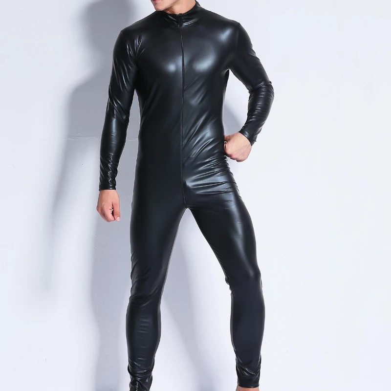 Patent Leather Zipper Open Crotch Latex Catsuit Jumpsuit Sexy Lingerie for Men Erotic Costumes Spandex Catsuit Bodysuit Clubwear