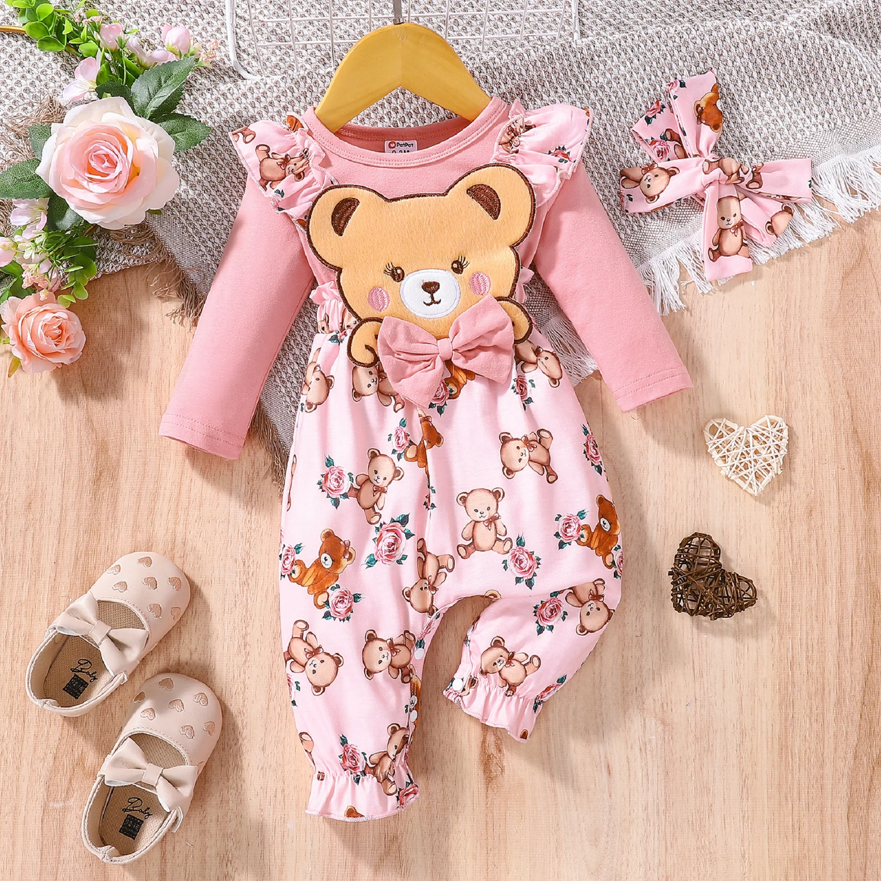 PatPat 2 pièces bébé fille vêtements pour nouveau-né bébé combinaison à  manches longues dessin animé ours imprimé rose nœud bandeau à volants  ensemble mignon barboteuse - AliExpress