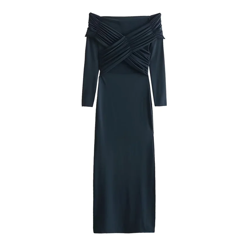 

Woman Chic Blue Slim Elastic Slash Neck Long Dress 2023 Female Elegant Solid Strapless Dresses Ladies Side Split Party Dress