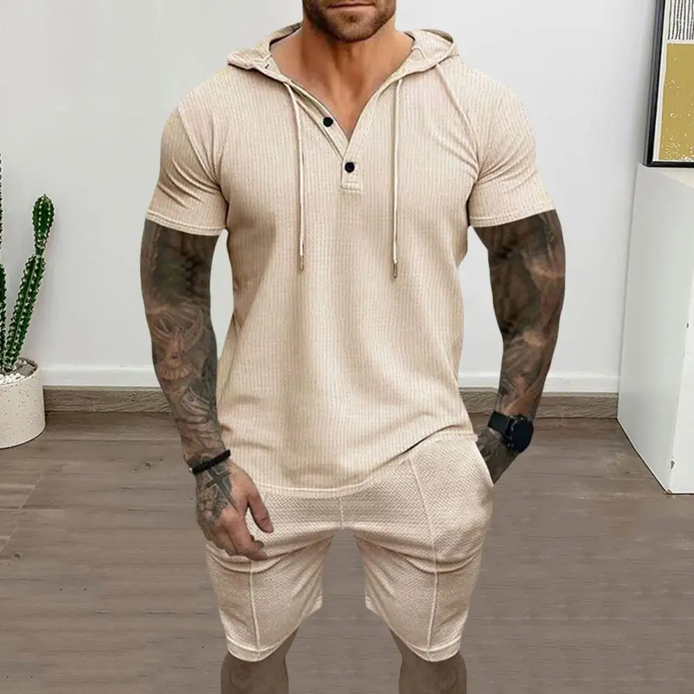 

Solid Color Men Summer Suit Men's Summer Sportswear Set Hooded Short Sleeve T-shirt Wide Leg Shorts Outfit for Active Lifestyle