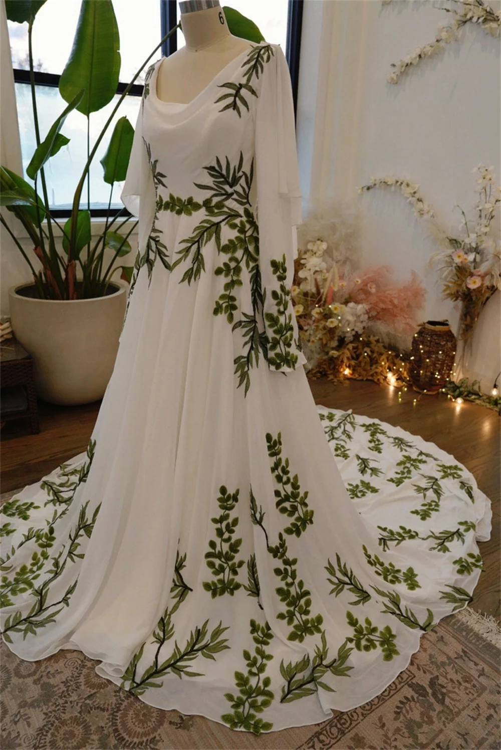 Chiffon Wedding Dresses Green Applique Sweep Train Floor Length Bridal Gowns  | eBay