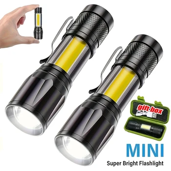 Mini LED Flashlight COB+XPE Portable Torch USB Charging Camping Lantern Zoomable Focus Light Tactical Flashlight with Pen Clip