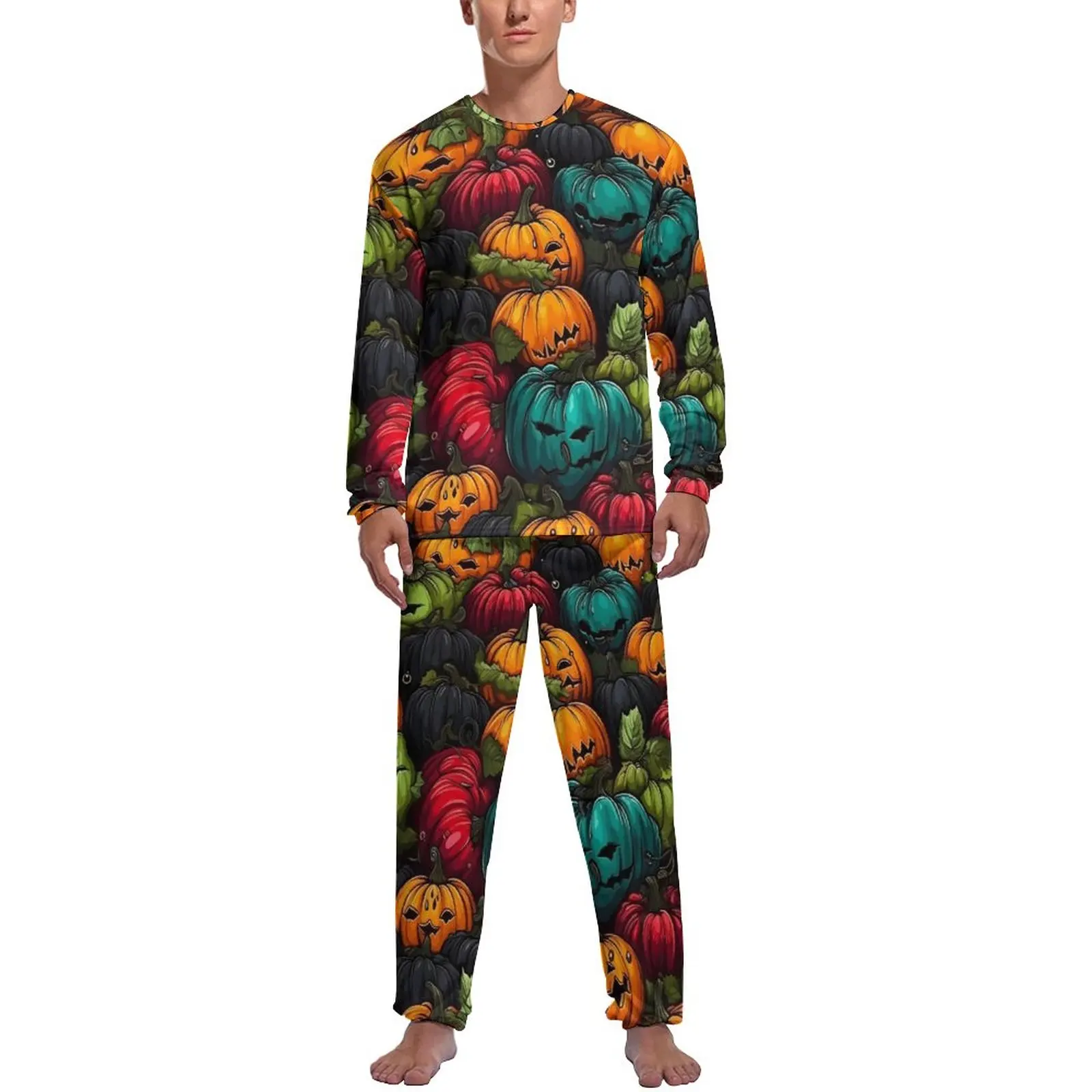 

Halloween Print Pajamas Spring Funny Pumpkin Casual Sleepwear Man 2 Pieces Design Long Sleeve Romantic Pajama Sets