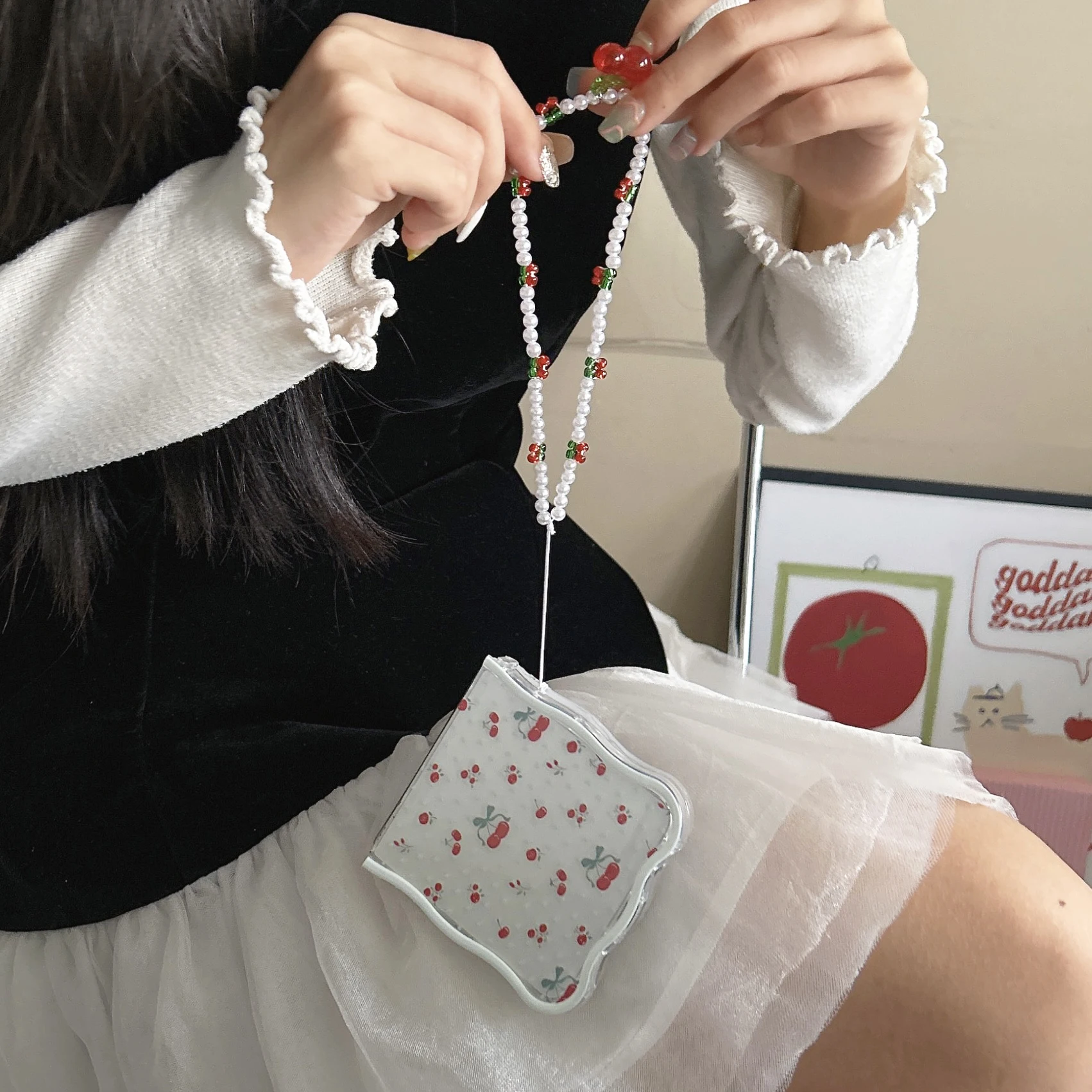 Korean Cherry Fruit Phone Case with Lanyard and Wave Design