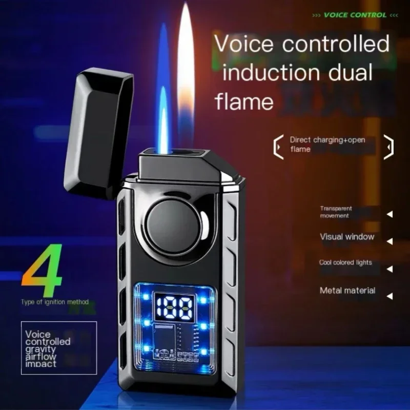 Creative Voice Controlled Ignition Gas Lighter Color Light Battery Display Open Fire Switching Jet Fire USB Electric Lighters 4