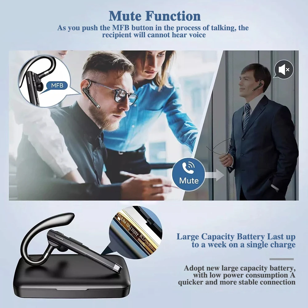 Description Picture 6 of itemWireless Bluetooth 5.3 Headphones Single Driving Headset with Mic Noise Cancelling Handsfree Earphones Business Driving Earbuds
