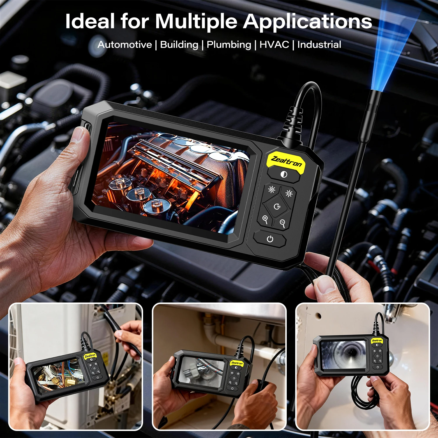 4.3'' IPS Screen Industrial Endoscope 8MM Probe 8LEDs Car Inspection Borescope Waterproof Plumbing Camera 2600mAh 5M Rigid Cable 2