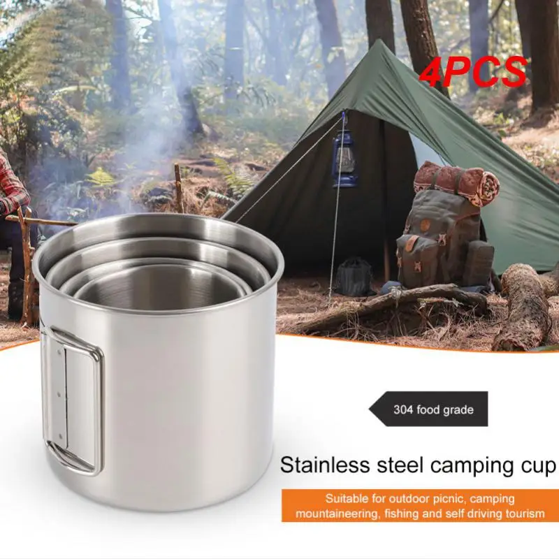 

4PCS Stailess Steel Camping Mug Titanium Cup Tourist Tableware Picnic Utensils Outdoor Travel Cooking Set Cookware Hiking