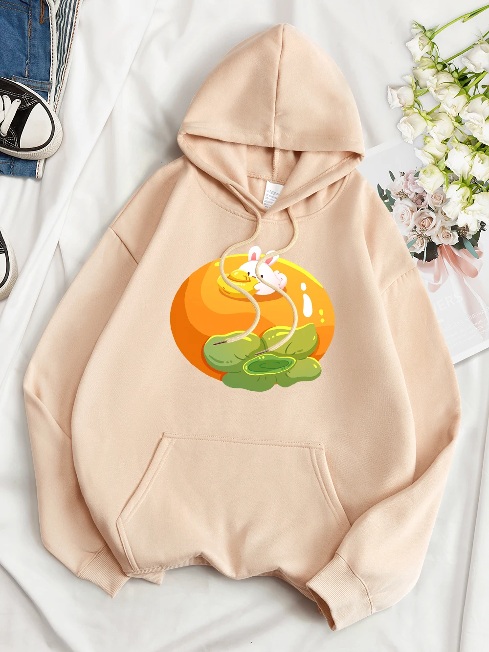 

Everything Goes Well In The Year Of The Rabbit Persimmon Womens Cotton Pullovers Kawaii Cartoons Hoodies Oversize Woman Clothing