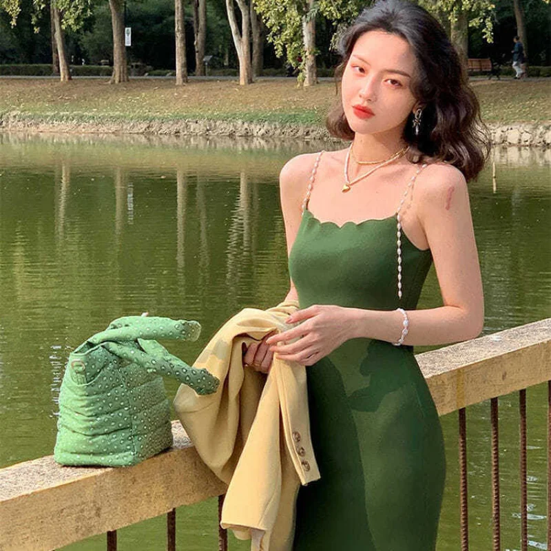 

Hong Kong Style Vintage Summer New Square Neck Pearl Slip Dress Sexy Tight Slim Knit Dress Slim Fit
