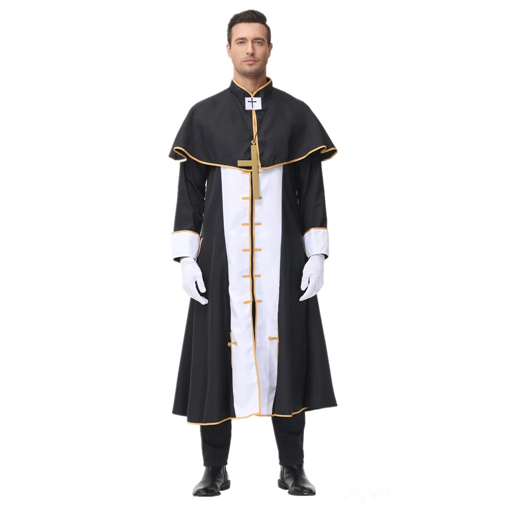 

Adult Black Noble Priest Costume Men Religious Pastor Father Costumes Halloween Purim Party Mardi Gras Fancy Dress