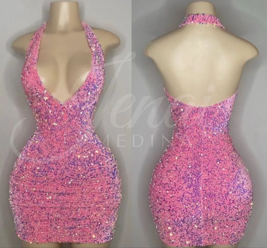 Pink Orange Sparkly Mini Evening Cocktail Dress customsize Halter Backless Gillter Velvet Sequins Black Girl Birthday Prom Gown