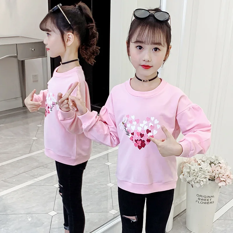 

Футболка для девочек, топы с длинным рукавом, новинка 2024, детская модная толстовка с принтом Love и бантом, с пышными рукавами, свободная детская одежда на весну и осень