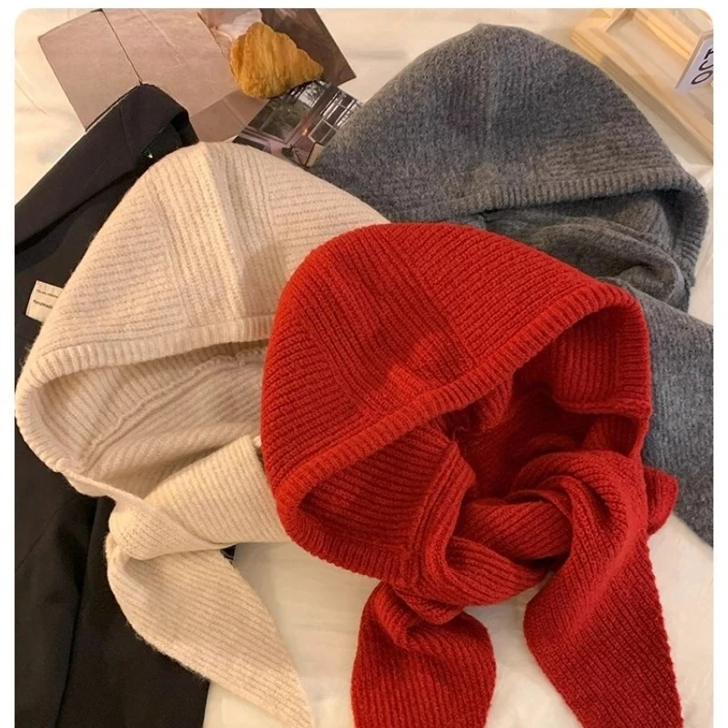 Korean Balaclava Bonnet Women Skullies Beanies Hat Scarf One-piece Thickened Warm Neck Protection Winter Accessories Knitted Law
