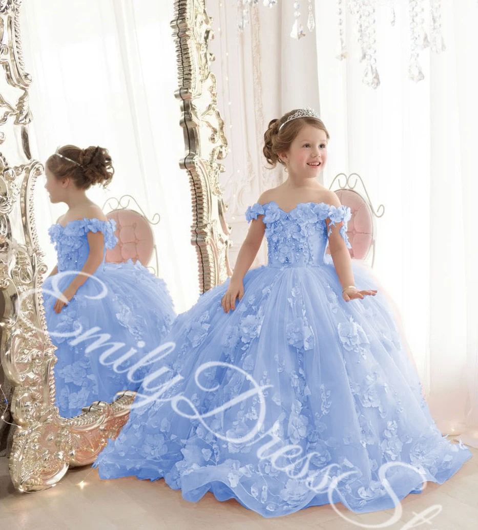 Customized Sky Blue Flower Girl Dress For Wedding Tulle Applqique Luxury Puffy Princess Kids Birthday First Communion Ball Gown 1