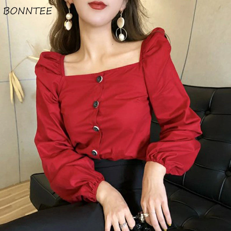 Blusas clásicas para mujer, ropa lisa con cuello cuadrado que combina con todo, estética roja elegante, Ins, Charm, botón tierno|Blusa| - AliExpress