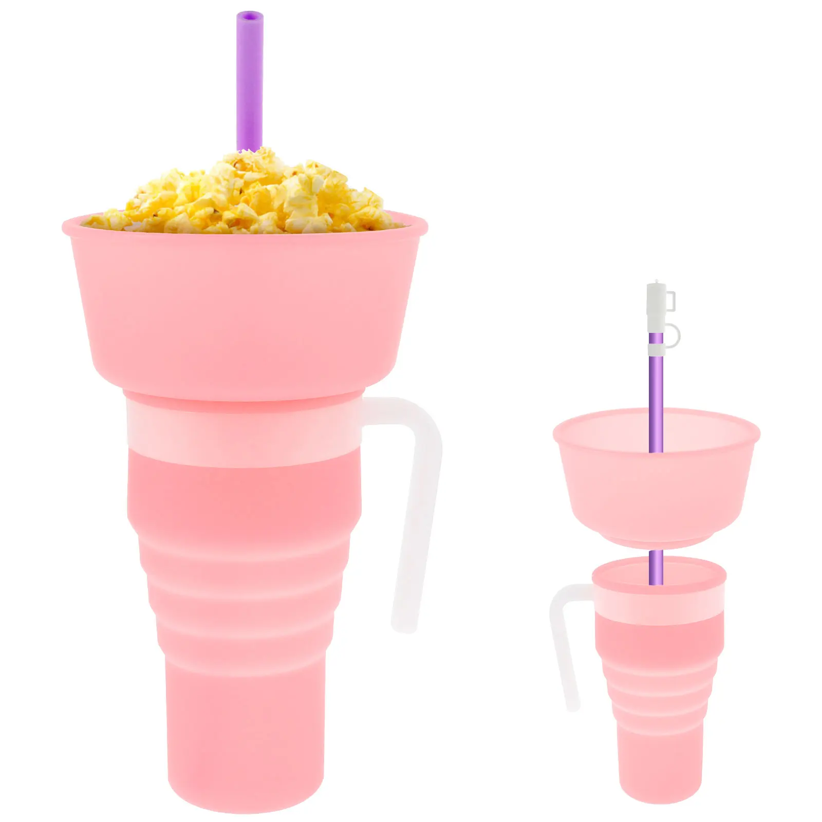 

600ml Stadium Tumbler with Snack Bowl 2 in 1 Silicone Travel Cup with Straw Splashproof Snack and Drink Cup with Straw Sleeve