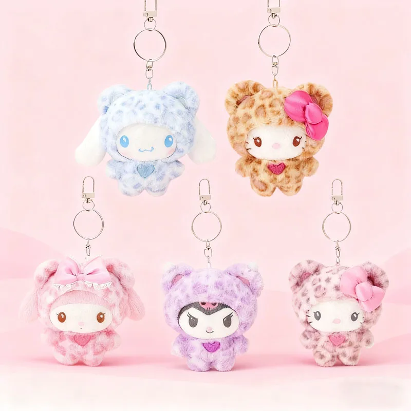 Sanrios Leopard Print Bear Series Hello Kitty Keychain Pendant Cartoon Kitty Cat Plush Doll Pendant Keychain Bag Decoration Gift