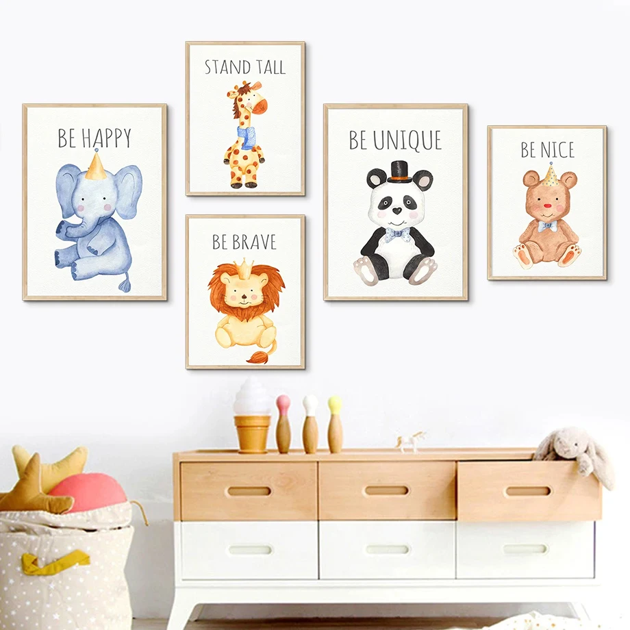

Cartoon Lion Giraffe Elephant Posters Nursery Animals Wall Art Canvas Painting and Baby Bedroom Wall Pictures Kids Room Decor