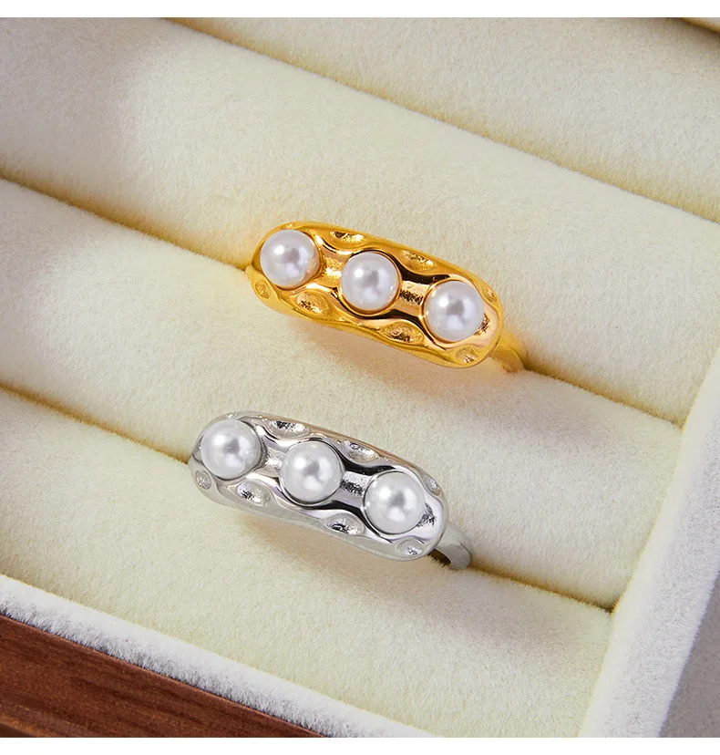 Modischer Imitationsperlen-Ring für Damen, Edelstahl Vergoldet, Offener Paarring, Sommerlicher Farbechter Schmuck, Geschenk – Detail 10