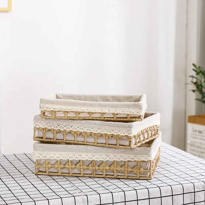 Hand-woven Imitation Rattan Basket Rectangular Storage Box Fruit Tea Snack Bread Basket Cosmetic House Kitchen Supplies Basket