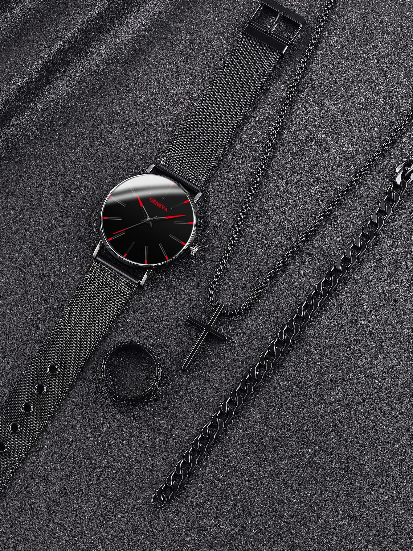 Classic fashion Alloy graduated men's mesh band quartz watch with Necklace Ring Bracelet Set Party Party Gift collection 2