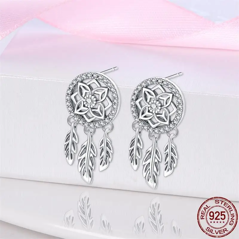 925 Sterling Silver Dream Catcher Flower Stud Earrings For Women 2023 Trending Fashion Jewelry Birthday Gift New in