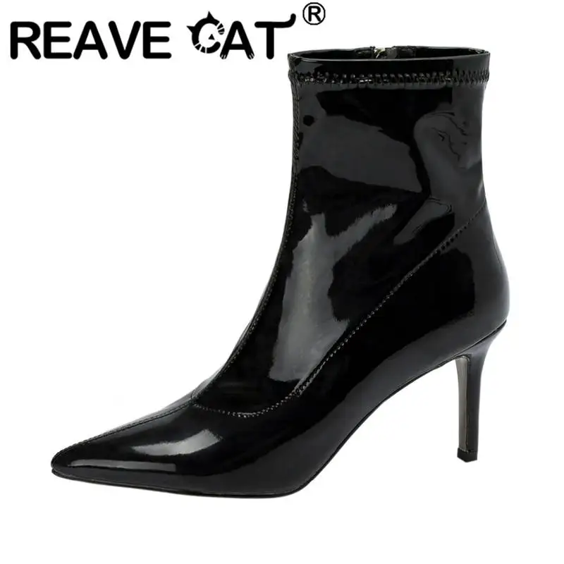 

REAVE CAT Fashion Womens Mid Calf Boots 14cm Thin Heels 7.5cm Pointed Toe Jazz Dance Boots Solid Plus Size 33-44 Concise S4187
