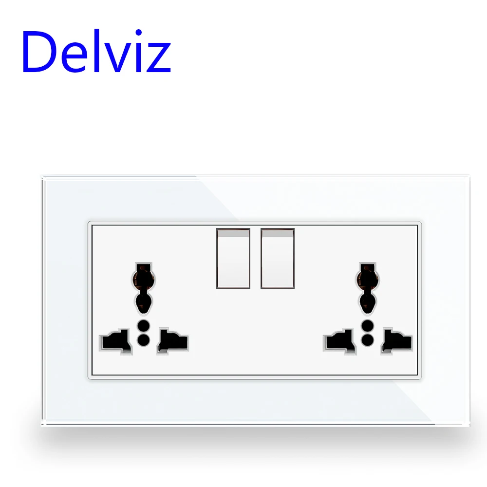 Delviz Wall Double Outlet, Tempered glass crystal Panel, Switch control UK Standard Power Outlet, Universal Electric plug Socket