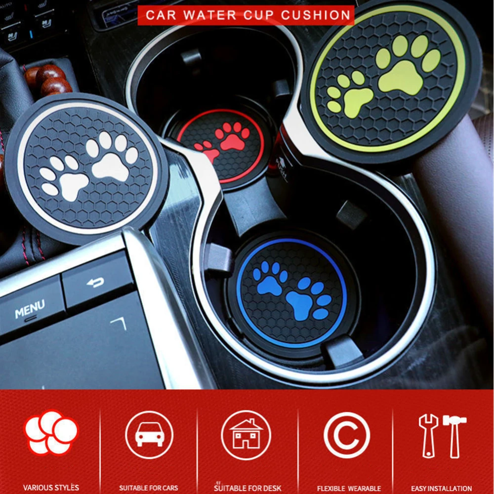 2Pcs Car Coaster Pads Non-slip Water Cup Pad Cat paw footprint Rubber Mat for Bottle Holder
