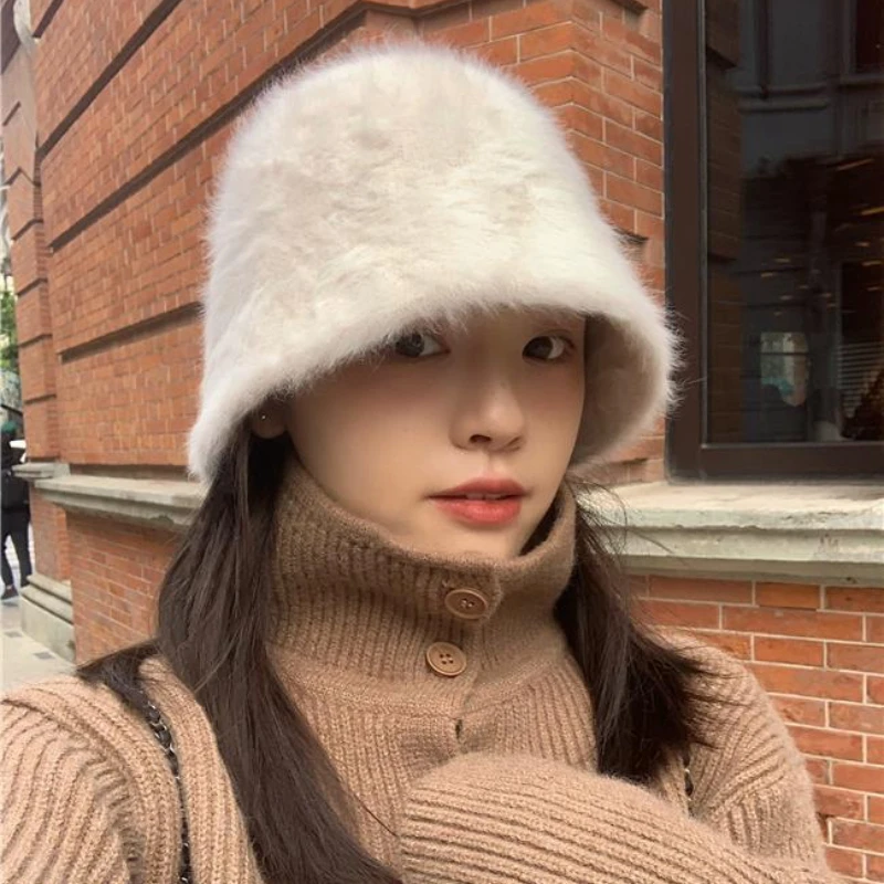 

2023 New Winter Women's Fashion Solid color rabbit fur hat bucket cap fisherman's hat retro knitted wool basin Bucket Hat