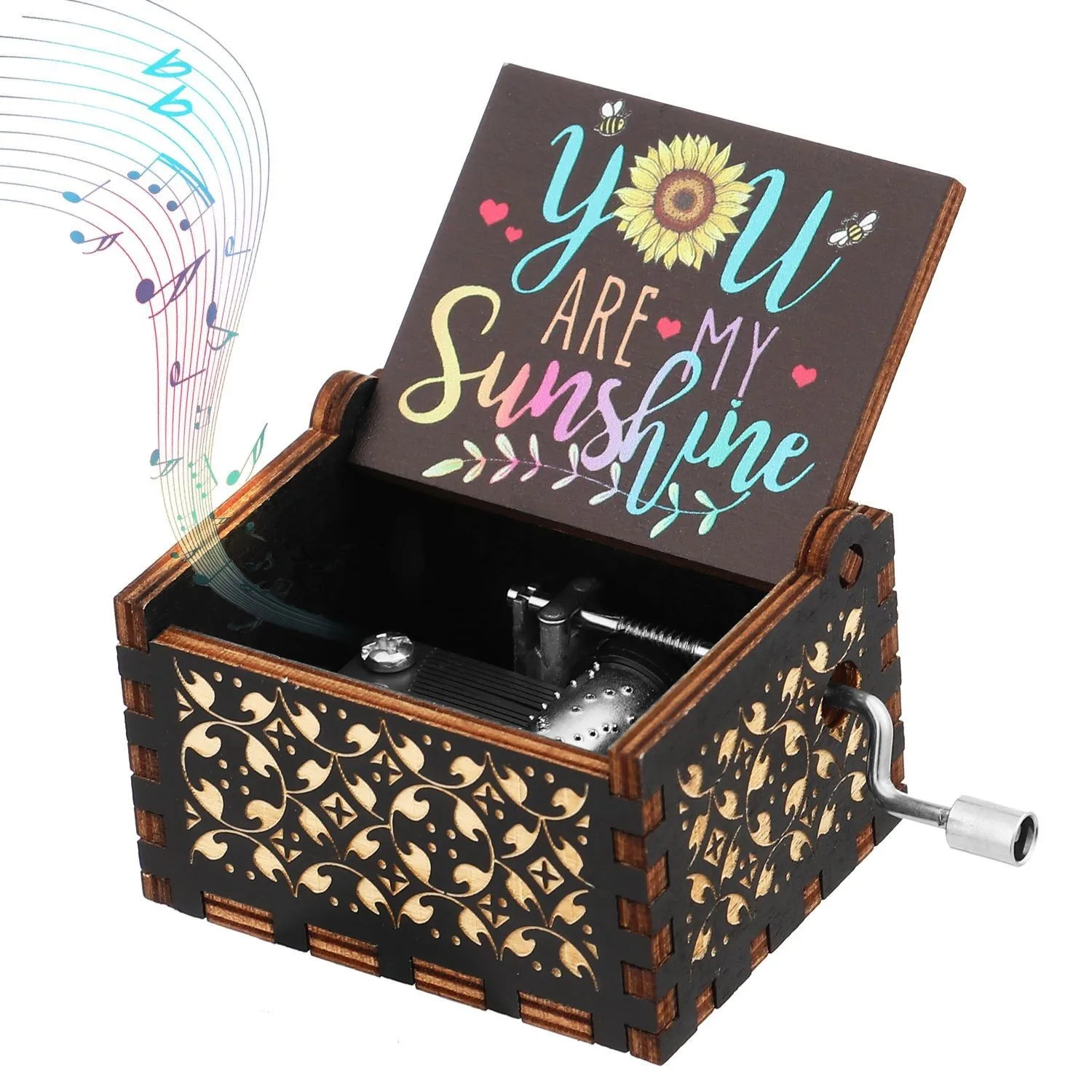 Music Box You Are My Sunshine Music Box, Color Printing Wooden Hand Crank Musical Box, Birthday Gift for Girlfriend, Children's Day Gift