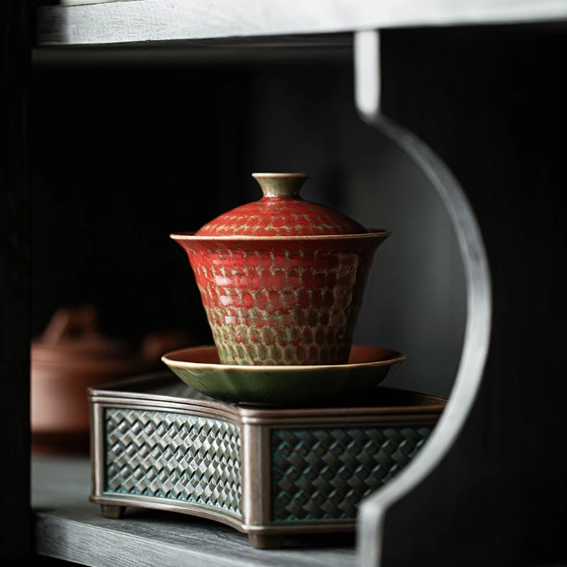 Ceramic Gaiwan Single Cup Household Kung Fu Tea Set Non-Scald Brewing Bowl Tea Making Device Meeting Guests Red Kiln Glaze