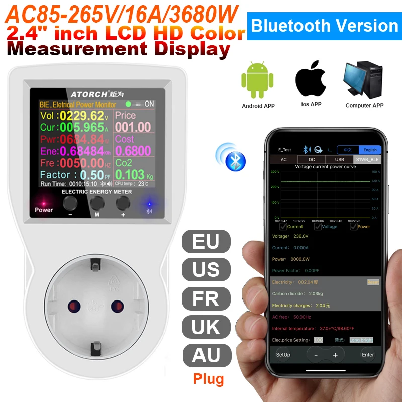 

TOOLTOP S1B 220V EU Socket Outlet Plug Power Digital Wattmeter Meter Electricity Consumption Energy Meter Power bluetooth APP