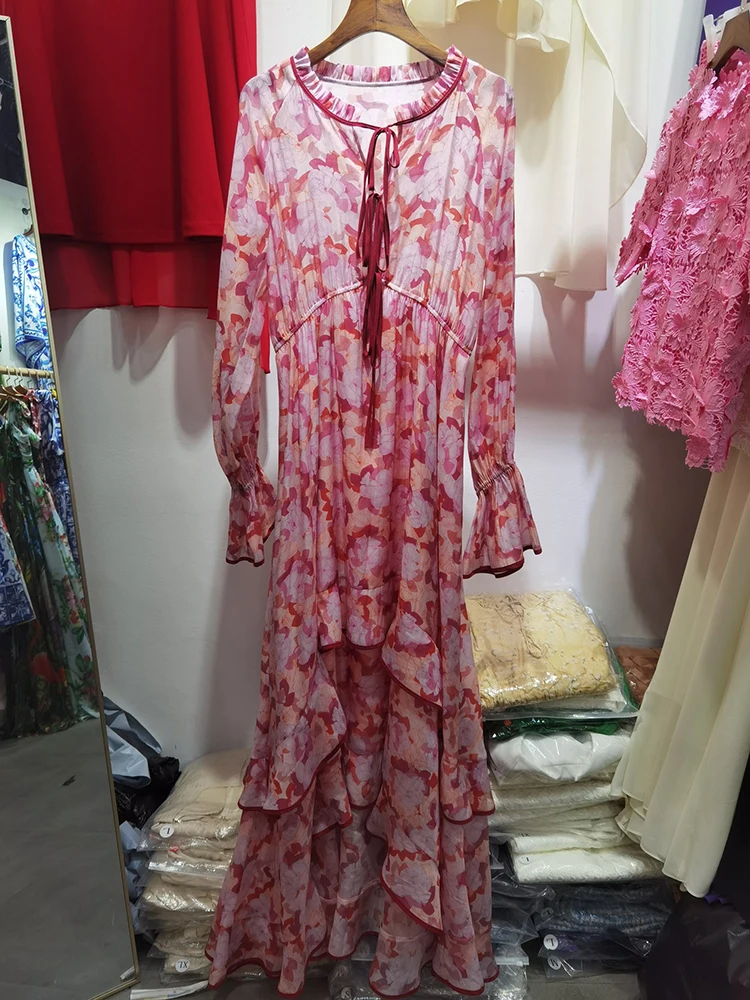 

Женское платье с цветочным принтом, облегающее платье с круглым вырезом и длинными расклешенными рукавами, праздничное платье с оборками, весна-лето