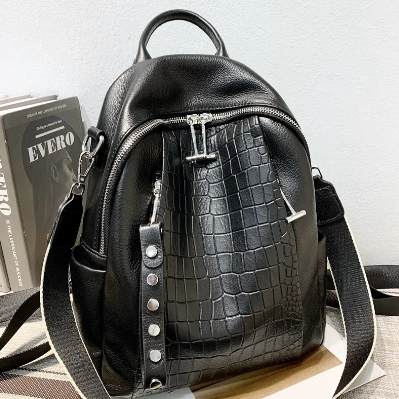 

Genuine Leather Backpack For Women Fashion Alligator Rivet Simple Satchel Female Shoulder Travel School Bag Rucksack Girls