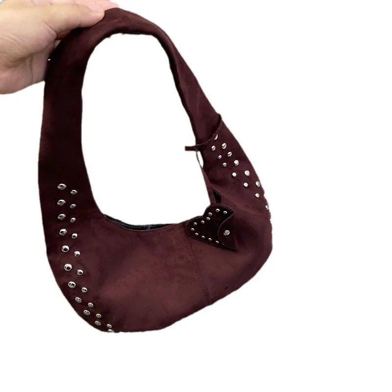 2025 new retro rivet decorative shoulder bag European and American motorcycle Nubuck leather armpit handbag for women