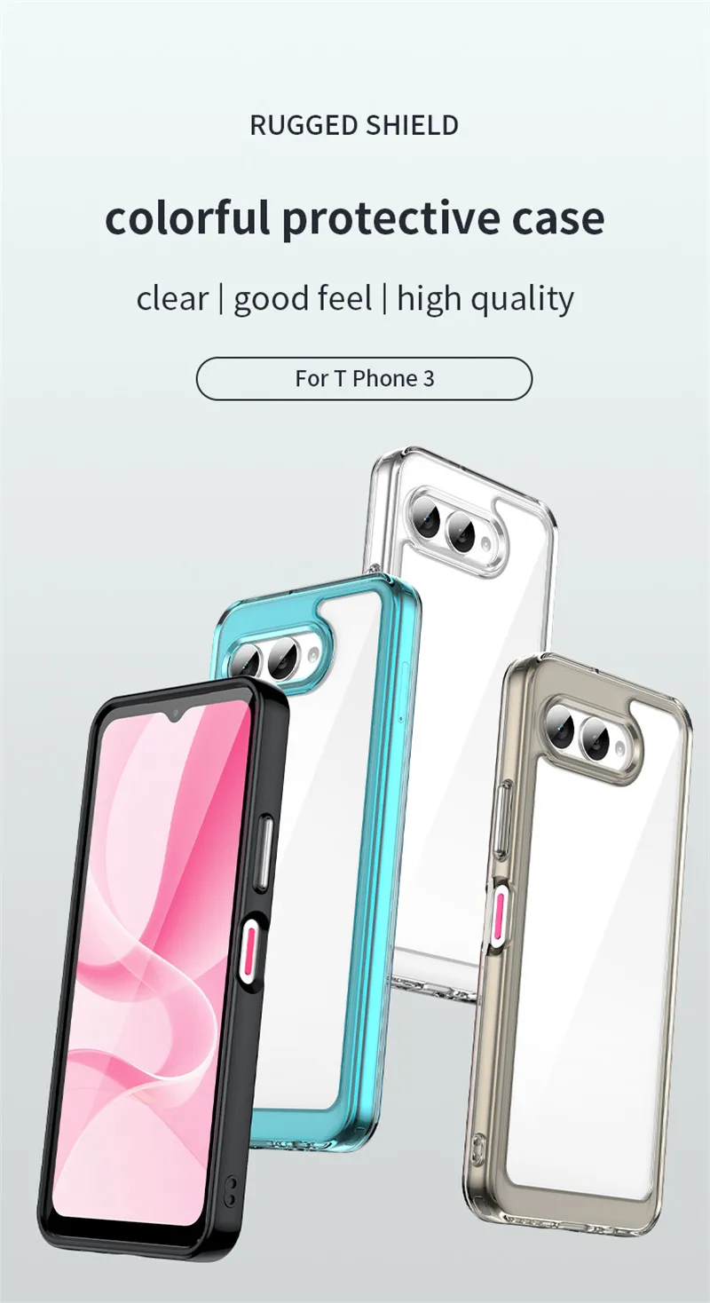 Klare transparente Schutzhülle mit elegantem Metallrahmen und leuchtenden Pink-, Blau- und Grauakzenten, von der Rückseite dargestellt, für t mobile t phone 3: klare stoßfeste TPU-Abdeckung.