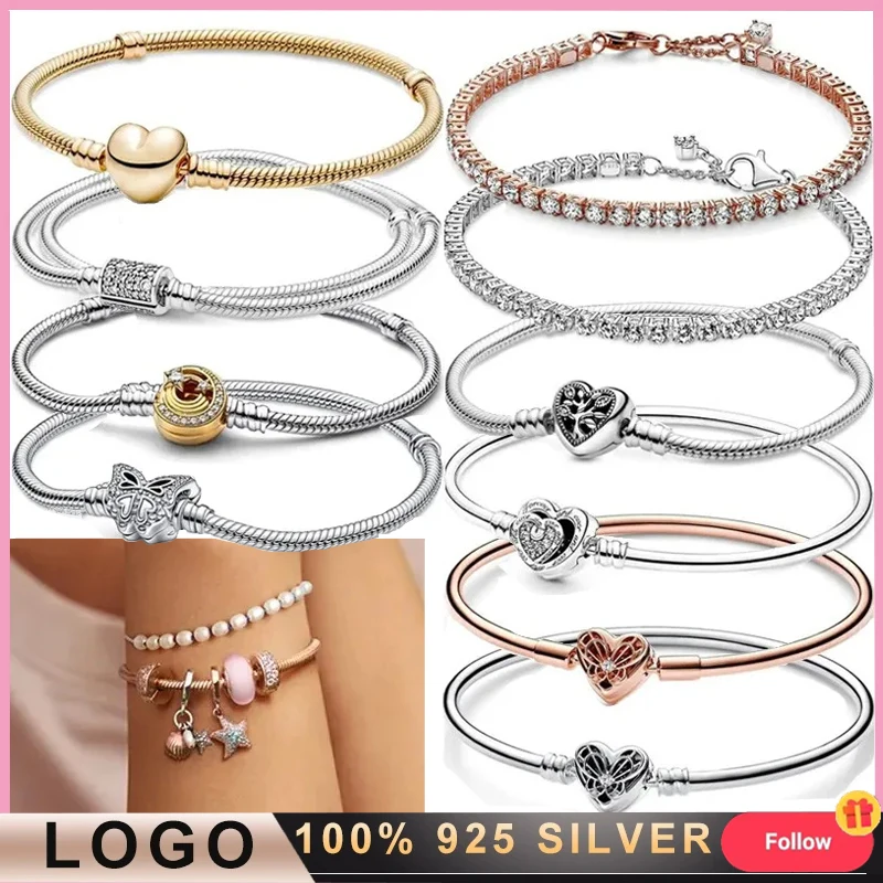 New Women's Classic Bracelet 925 Silver Original Logo Sparkling Butterfly Meteor Logo Snake Bone Bracelet DIY Charm Jewelry Gift