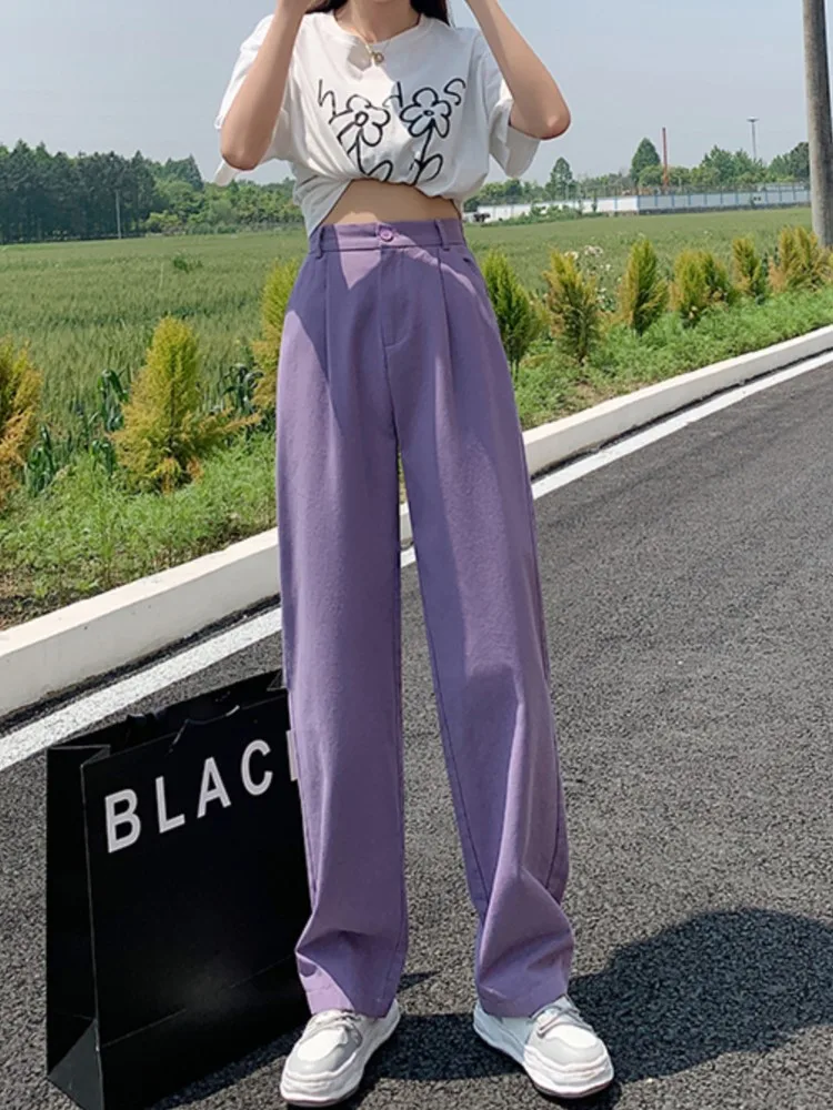 

Korean Fashion Purple High Waist Wide Leg Pants Women Casual Spring Autumn Full Length Trousers Office Lady Workwear