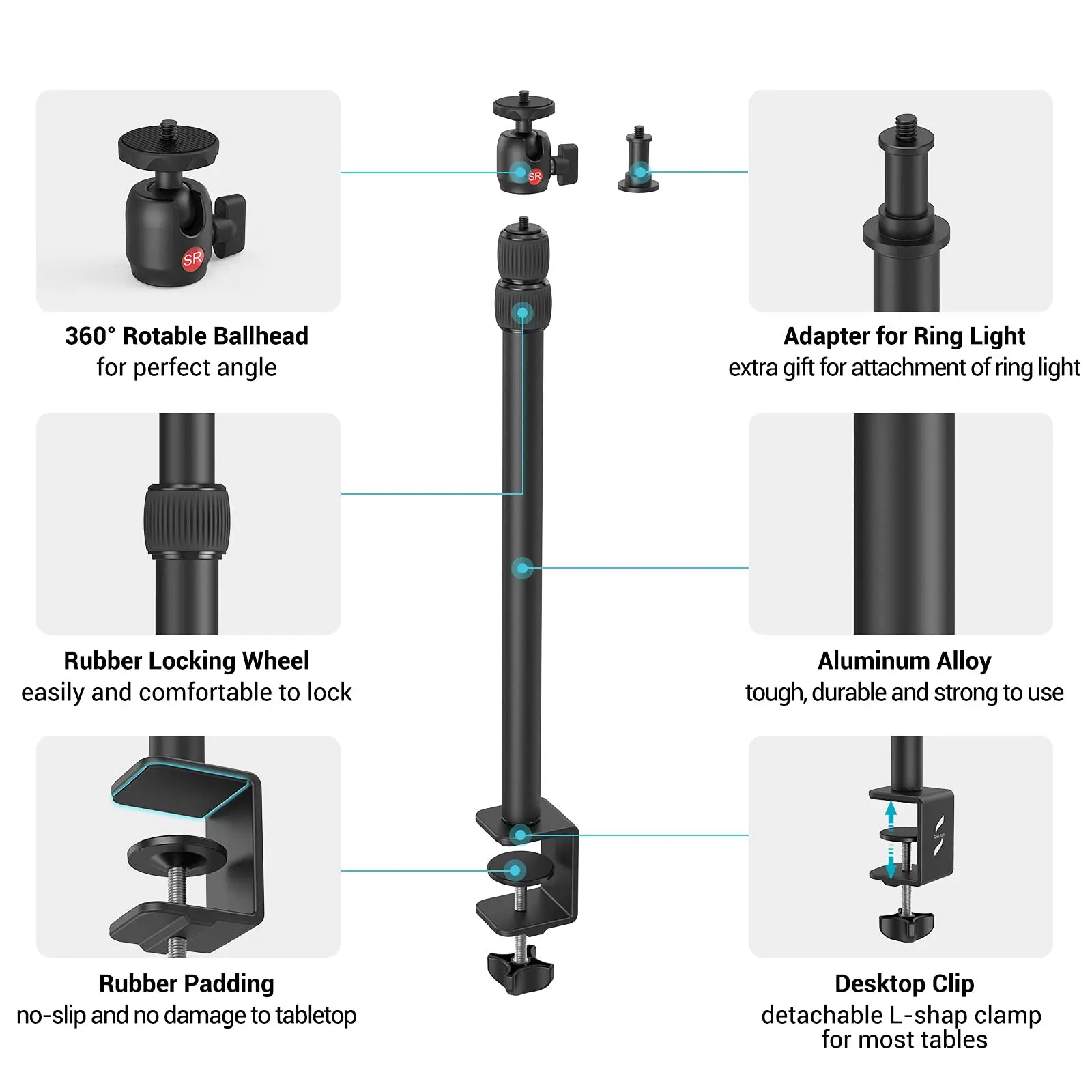 SmallRig 카메라 데스크 마운트 테이블 스탠드, 조정 가능한 라이트 스탠드, 탁상 C 클램프, DSLR 카메라 링 라이트 라이브 스트리밍 3488