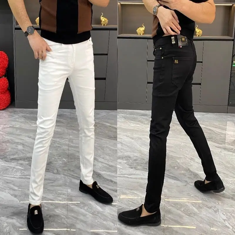 White Jeans Men's European Goods 2025 Summer New Fashion Motorcycle Boots Simple Slim Fit Elastic Versatile Small Feet Trousers 6